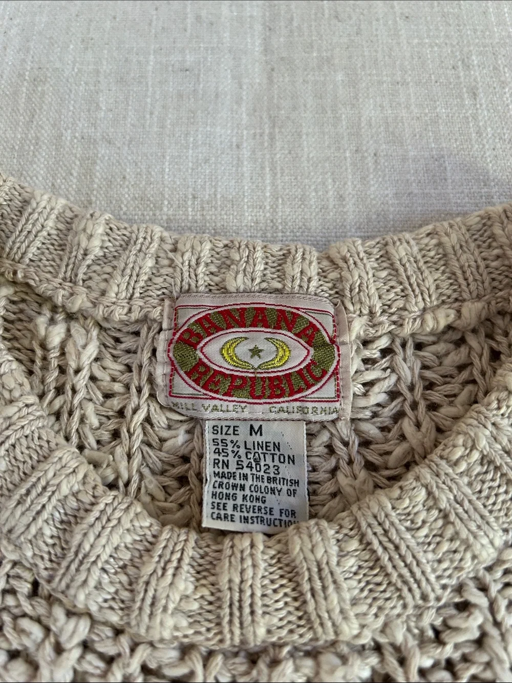 Vintage Banana Republic Sweater Linen/Cotton Cable Knit Medium Oatmeal Fisherman - Picture 2 of 13